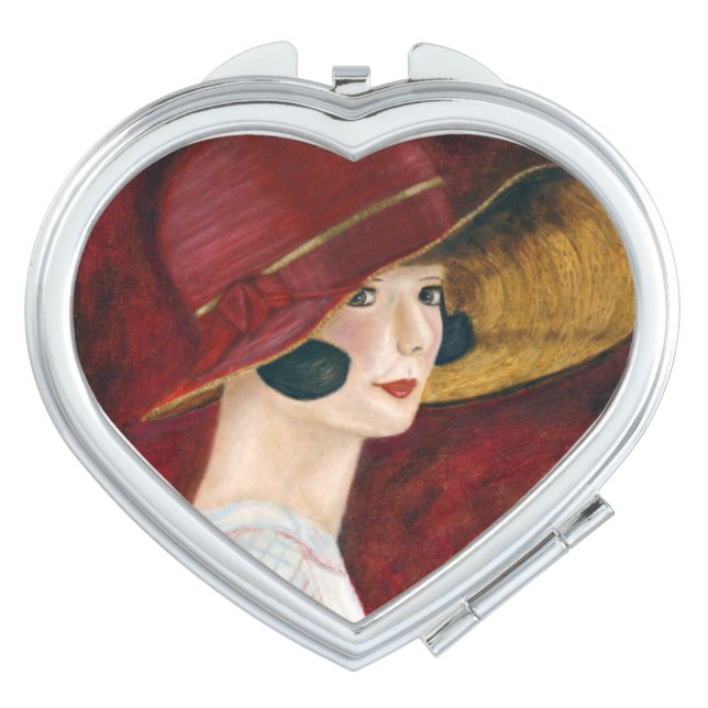 Roaring Twenties 1920s Flapper Girl in Red Hat Makeup Mirror (Front)
