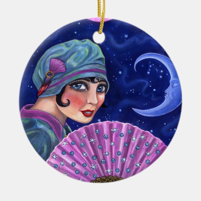 Roaring Twenties Flapper Girl Fan Moon Stars Ceramic Ornament (Front)
