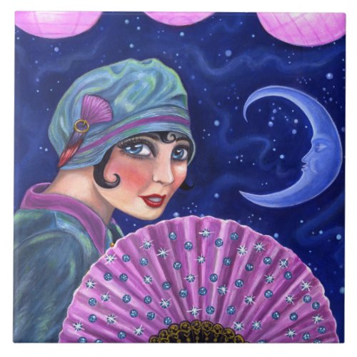 Roaring Twenties Flapper Girl Fan Moon Stars Ceramic Tile