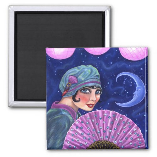 Roaring Twenties Flapper Girl Fan Moon Stars Magnet