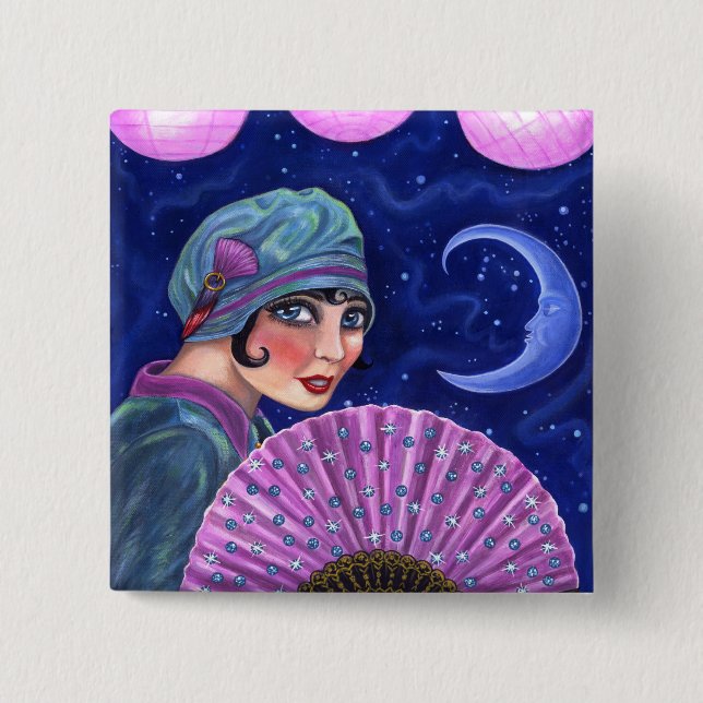 Roaring Twenties Flapper Girl Fan Moon Stars Pinback Button (Front)
