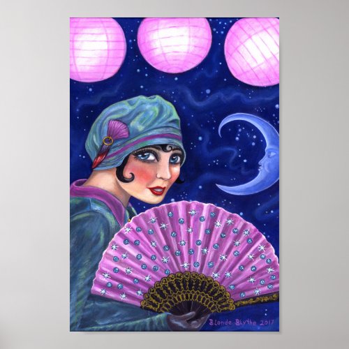 Roaring Twenties Flapper Girl Fan Moon Stars Poster