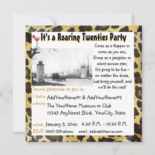 Roaring Twenties Party Flapper Girl Leopard Fur Personalized Invite