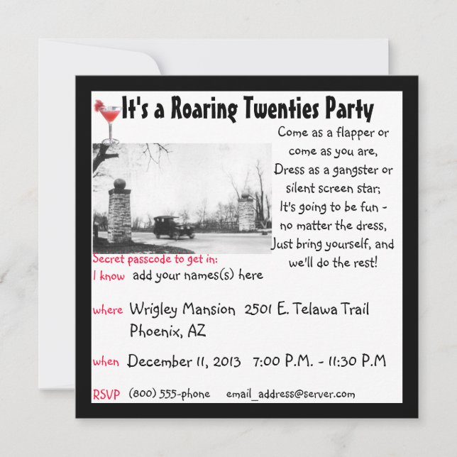 Roaring Twenties Prohibition Theme Party Invitation (Front)