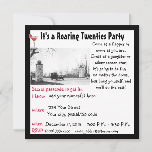 Roaring Twenties Speakeasy Theme Party Custom Invitations