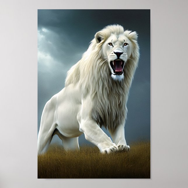 Roaring white lion digital art poster (Front)
