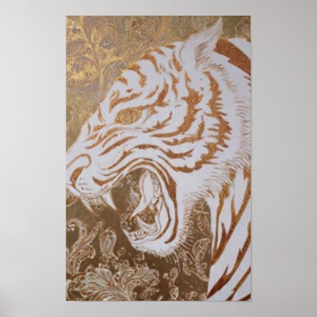 Roaring White Tiger Poster – Ornate Gold Design (Front)