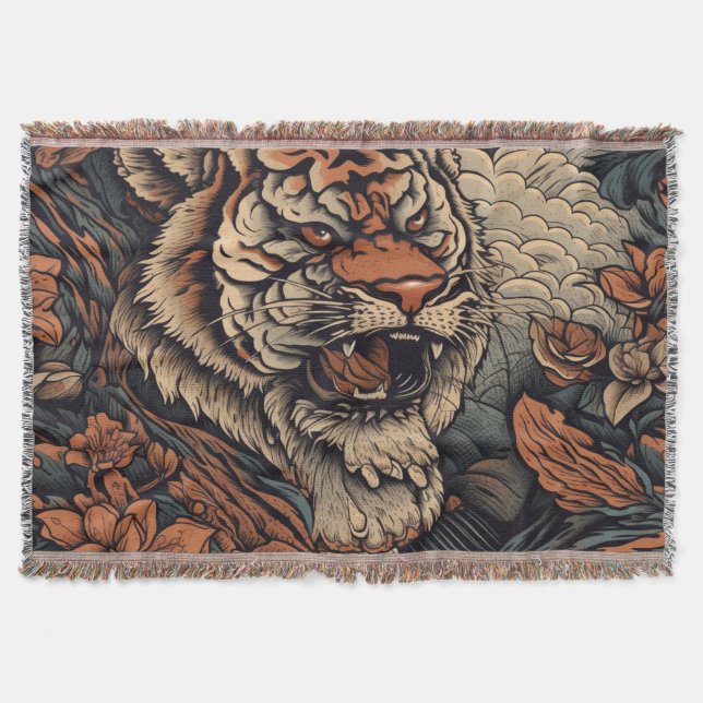 Roaring with Color Stunning Tiger Tattoo Throw Blanket (Front)