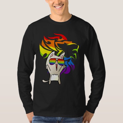 Roaring With Pride  LGBT Cat in Rainbow Sunglasses T_Shirt
