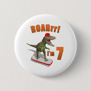 ROARrr I’m 7 Skateboarding T-Rex Kid Birthday Button