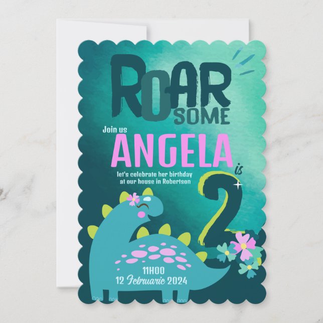Roarsome 2nd Girls birthday Invitation (Front)