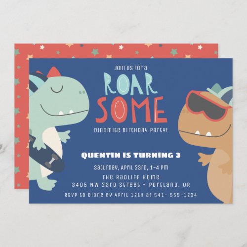 Roarsome Cool Dinosaur Theme Boys Birthday Party Invitation