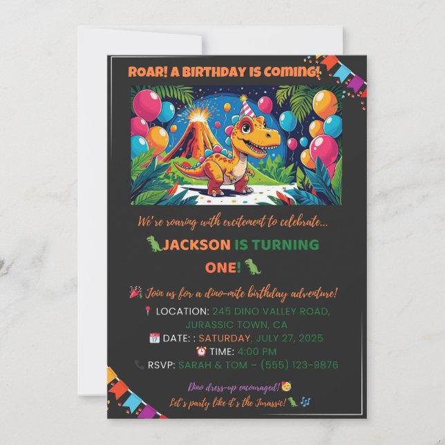 Roarsome Dino Birthday Card – Editable (Front)