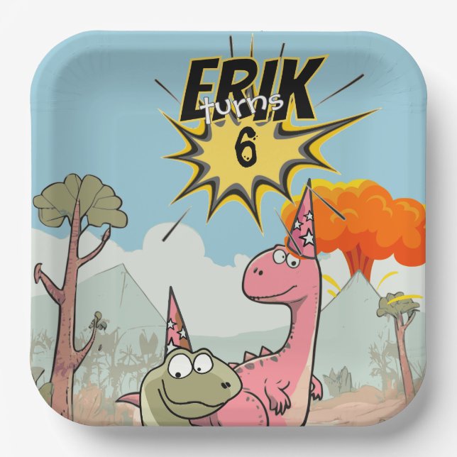 Roarsome Dino Birthday, Cute Cartoon Dino Paper Plates (Front)