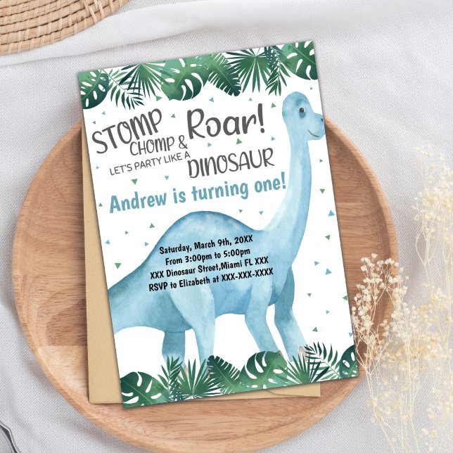 Roarsome Party Card for Boys or Girls (Green Blue Dinosaur Birthday Invitations)
