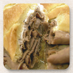 Roast beef sandwich with creamy goat cheese beverage coaster