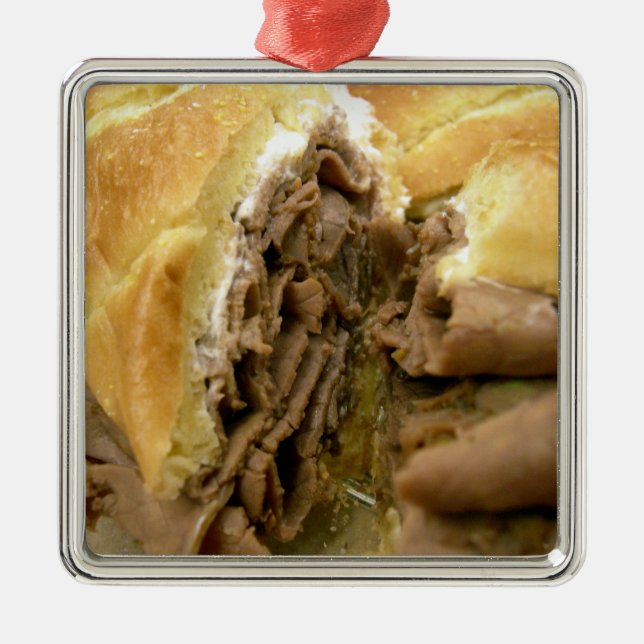 Roast beef sandwich with creamy goat cheese metal ornament (Front)