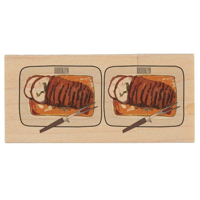 Roast turkey breast cartoon illustration wood flash drive (Front)
