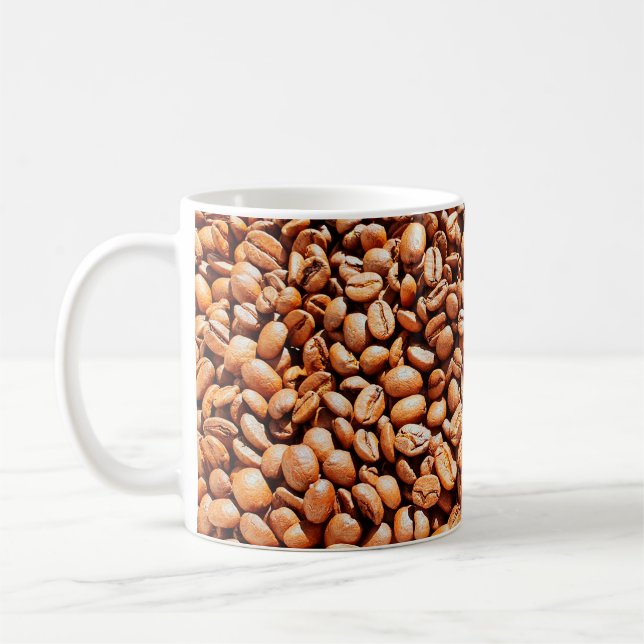 roasted aromatic coffee beans in sunlight, coffee  mug (Left)