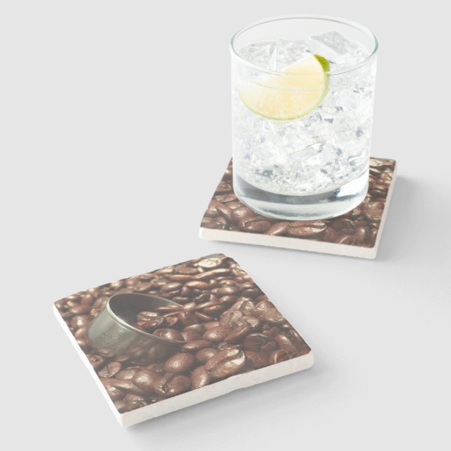 Roasted Coffee Beans With Silver Scoop Photograph Stone Coaster (Side)