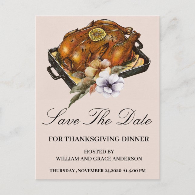 Roasted Turkey Floral Save the Date Thanksgiving Postcard (Front)