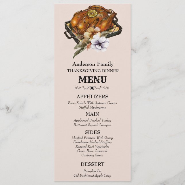 Roasted Turkey Watercolor Floral Thanksgiving  Menu (Front)