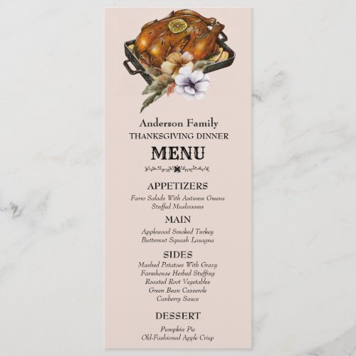 Roasted Turkey Watercolor Floral Thanksgiving  Menu