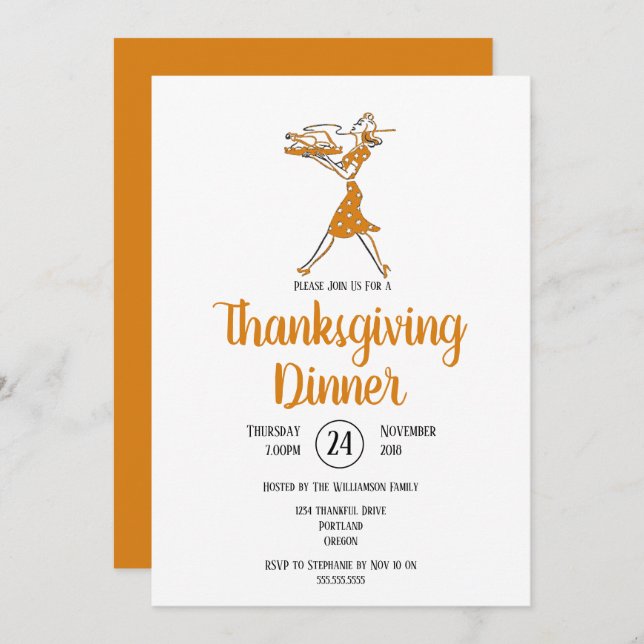 Roasting Turkey Retro Thanksgiving Dinner Invitation (Front/Back)