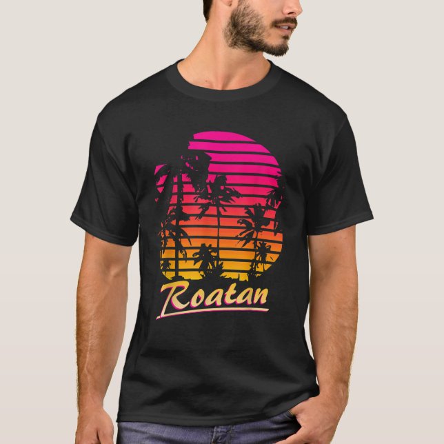 Roatan Cool 80s Palm Trees Summer Sunset T-Shirt (Front)