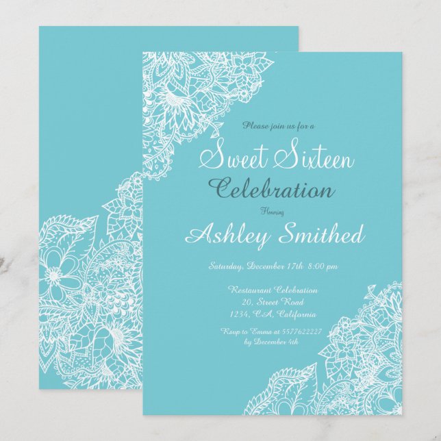Robbin egg blue floral lace Sweet 16 Invitation (Front/Back)