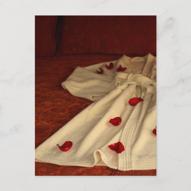 Robe, petals and bed postcard (Front)