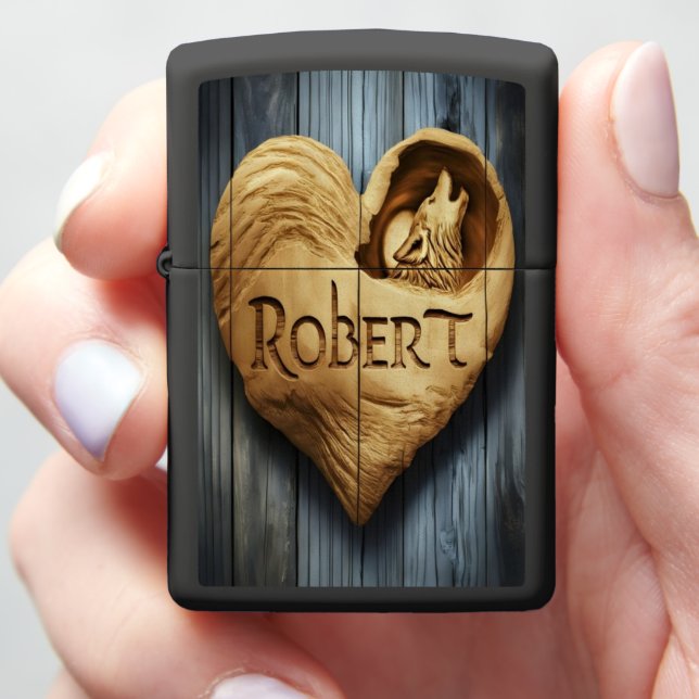 Robert Carved Wooden Heart With Wolf Zippo Lighter (In Hand)