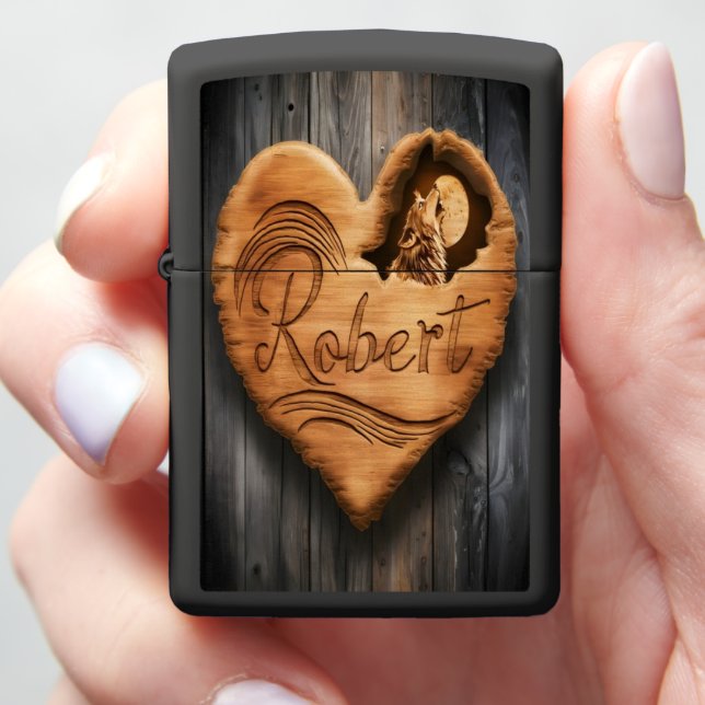 Robert Carved Wooden Heart With Wolf Zippo Lighter (In Hand)