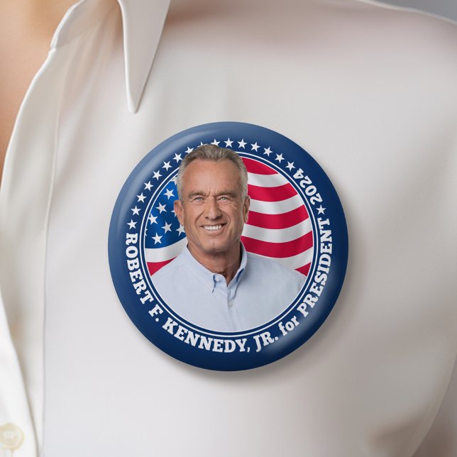 Robert F Kennedy JR RFK photo and flag 2024  Button (Kennedy 2024 Button)