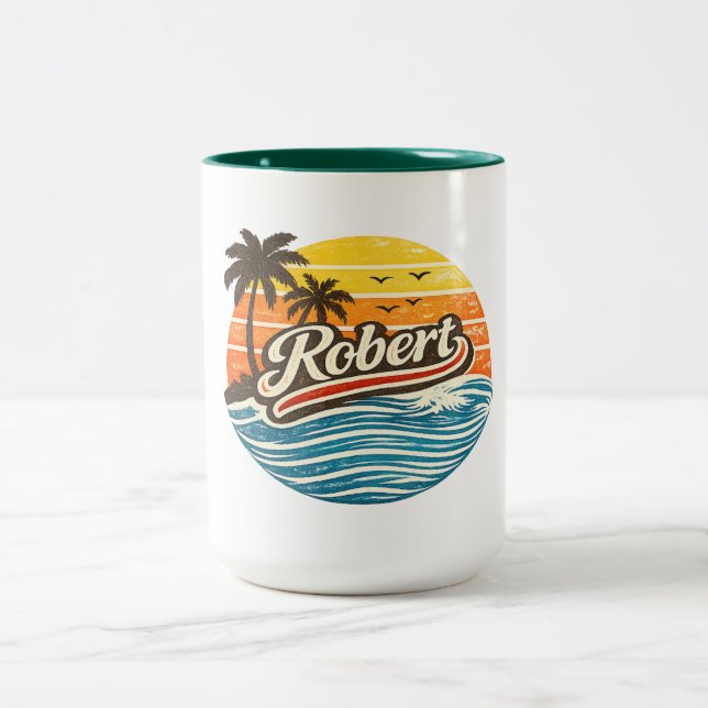 Robert Retro Sunset Name Design Two-Tone Coffee Mug (Center)