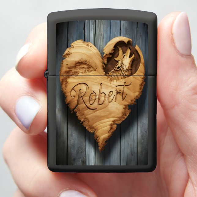 Robert Wooden Heart Wolf Sign Zippo Lighter (In Hand)