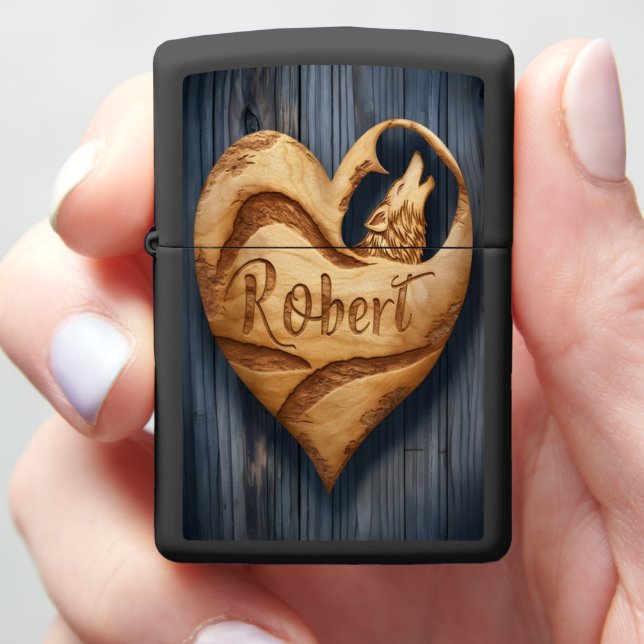 Robert Wooden Wolf Heart Sign Zippo Lighter (In Hand)
