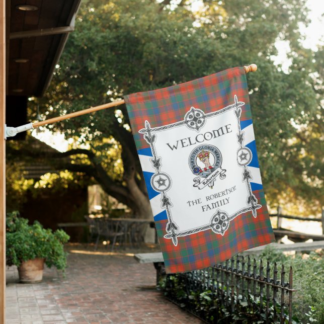 Robertson Ancient Tartan Garden Flag - Clan Badge  (In SItu)