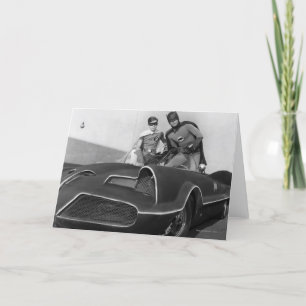 Robin and Batman Standing in Batmobile Card
