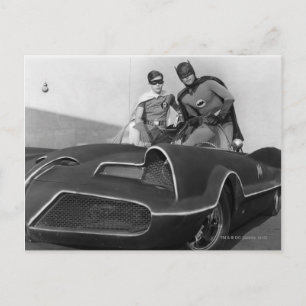 Robin and Batman Standing in Batmobile Postcard