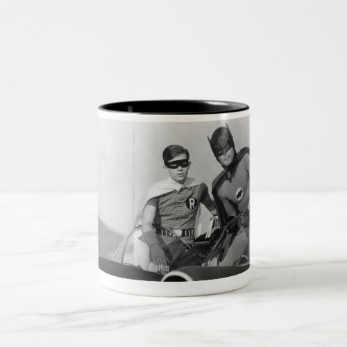 Robin and Batman Standing in Batmobile Two_Tone Coffee Mug