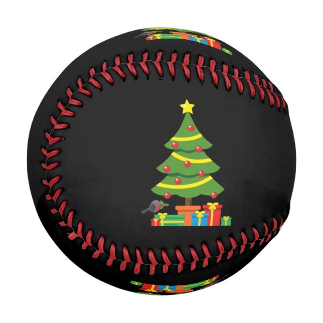 Robin And Colorful Presents Under Christmas Tree Baseball (Front Left)