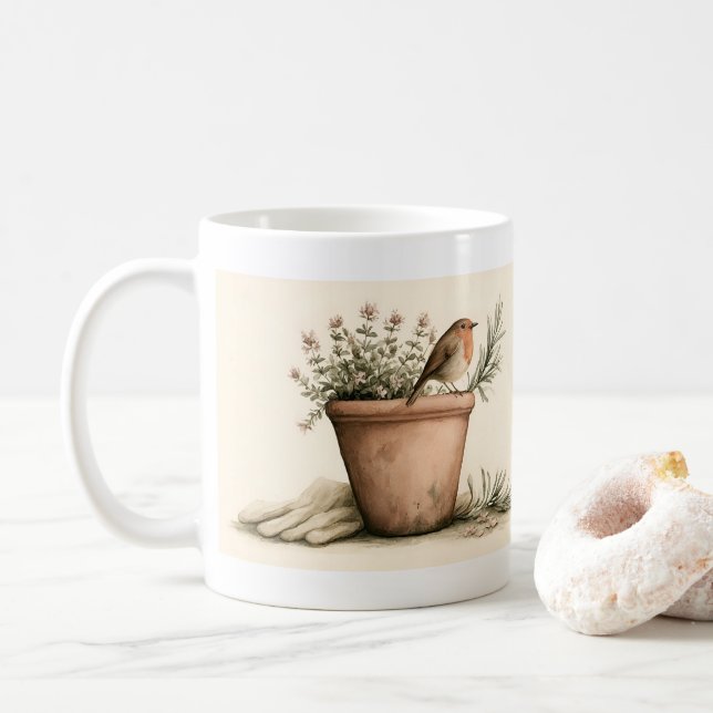 Robin and Flowering Herb Pot Gardener Mug (With Donut)