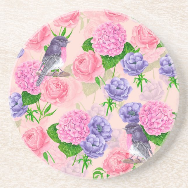 Robin and flowers, watercolor pattern coaster (Front)