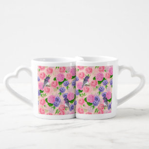 Robin and flowers, watercolor pattern coffee mug set