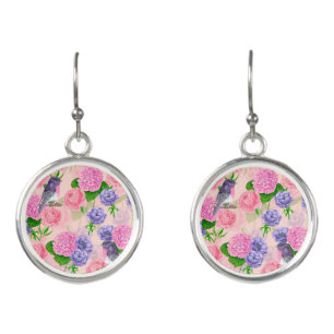 Robin and flowers, watercolor pattern earrings