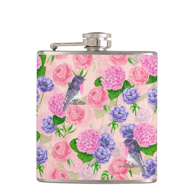 Robin and flowers, watercolor pattern flask (Front)