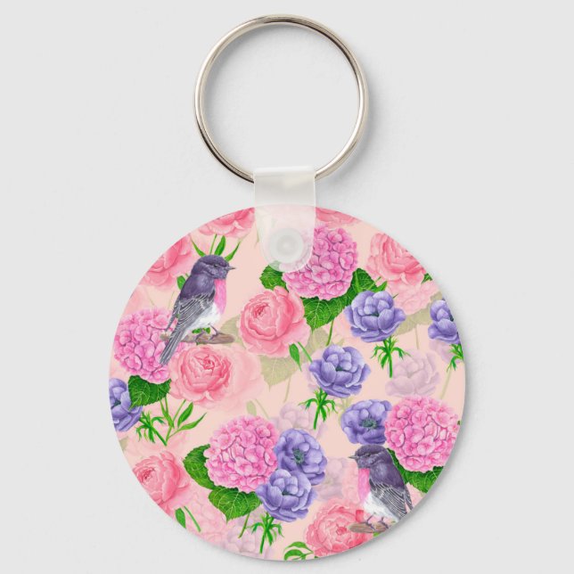 Robin and flowers, watercolor pattern keychain (Front)
