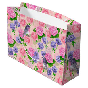 Robin and flowers, watercolor pattern large gift bag