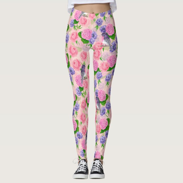 Robin and flowers, watercolor pattern leggings (Front)